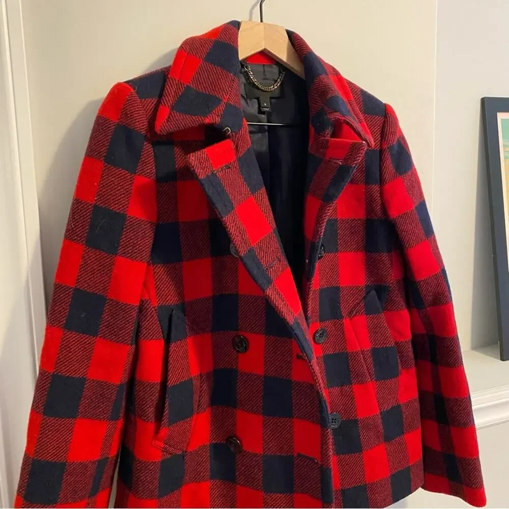 J. Crew Red Navy Blue Buffalo Plaid Wool Coat Jacket Small